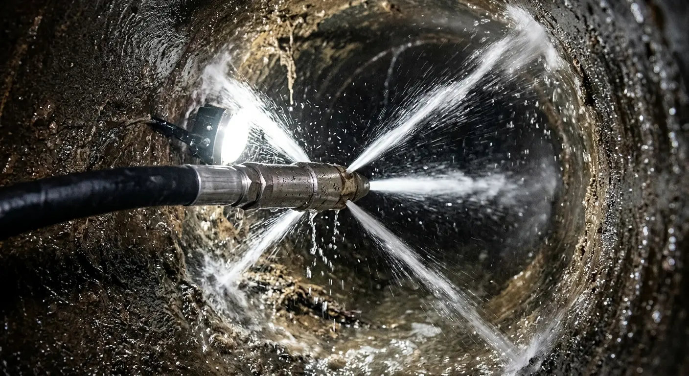 High-pressure hydro jetting nozzle cleaning sewer pipe for Trenchless Sewer Repair in Salem