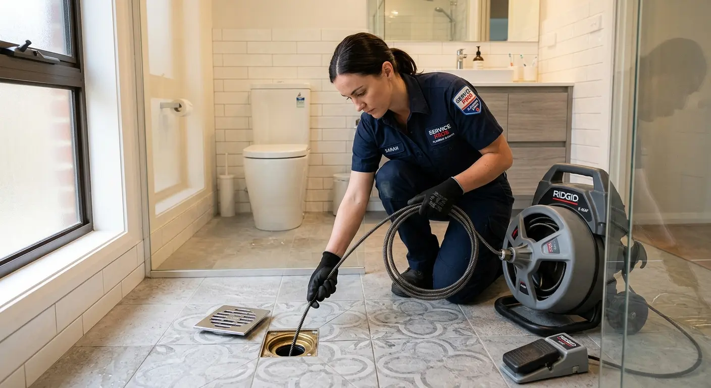 Technician clearing a bathroom floor drain for Sewer Line Replacement in Salem